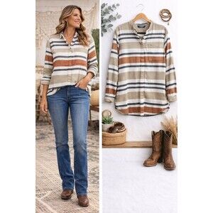 Lands End Striped Flannel Tunic Shirt XL Beige Tan Stripe Cotton Pockets